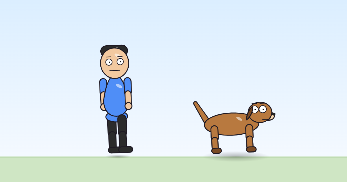 A cartoon person and a dog in the air mid-hop, a little taller and narrower than normal, travelling to the right.