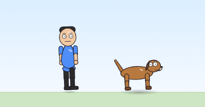 A cartoon person and a dog in the air mid-hop, a little taller and narrower than normal, travelling to the right.