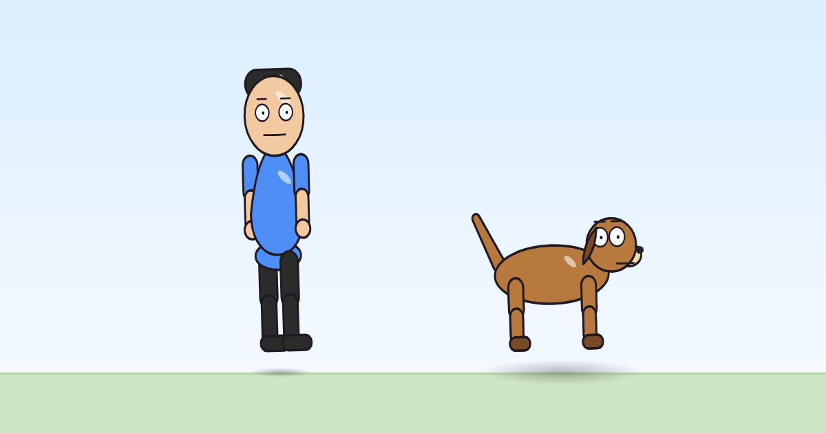 A cartoon person and a dog in mid-hop, both lifted off the grass, stretched a little taller than at rest.