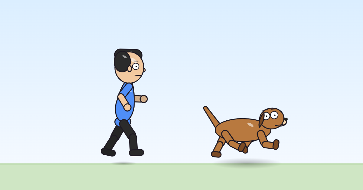 A cartoon person and a dog leaning forward mid-hop, bounding in place on the grass.