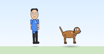 A cartoon person and a dog in mid-hop, both lifted off the grass, stretched a little taller than at rest.