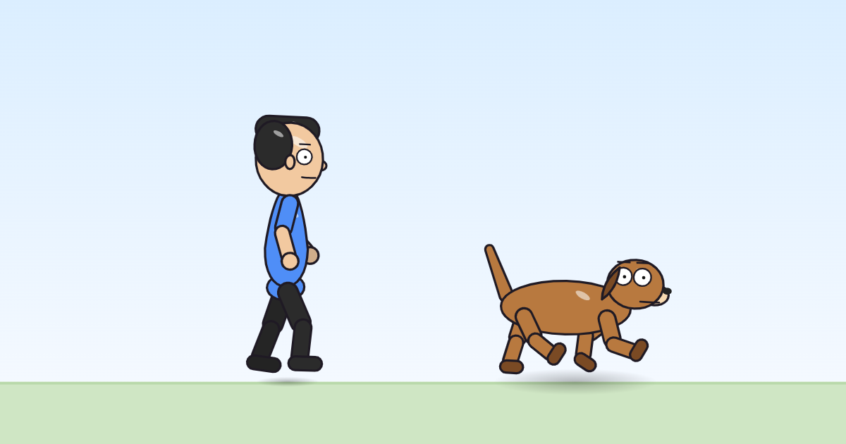 A cartoon person and a dog mid-hop, one leg lifted, stepping in place on the grass.