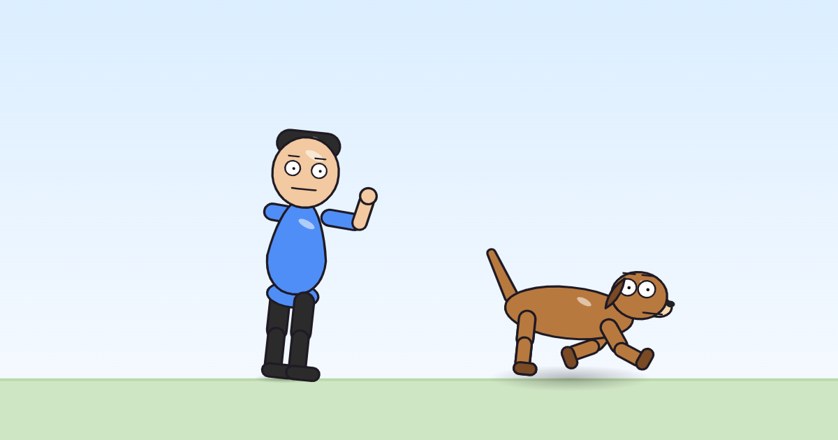 A cartoon person and a dog, both with arms wrapped around each other mid-hug.