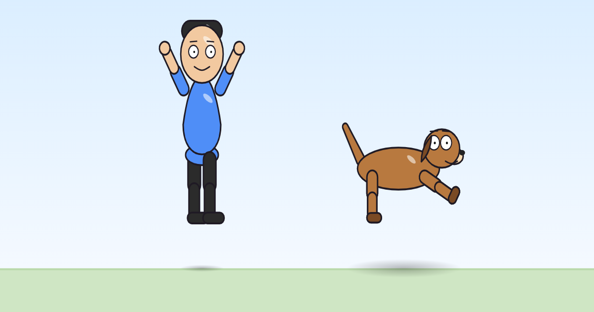 A cartoon person at the top of a leap with both arms straight up, and a dog in the air with its front legs raised.