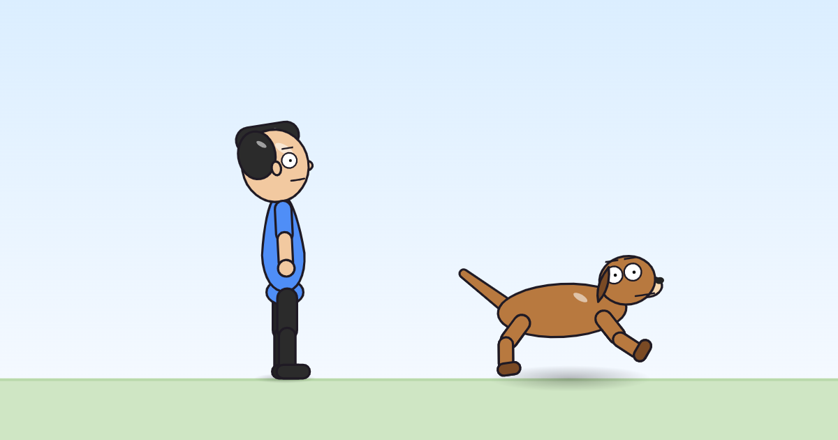 A cartoon person and a dog stretched out in mid-air, legs reaching, high above the grass.