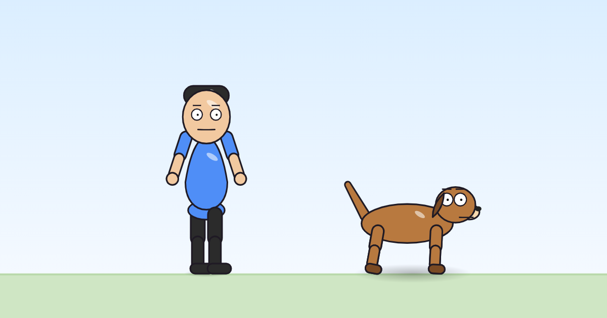 A cartoon person and a dog with arms thrown up, legs tucked, high above the grass.