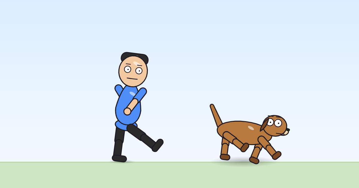 A cartoon person and a dog, both mid-kick with a leg swung forward.