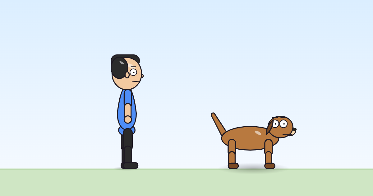A cartoon person seen from the side looking right, and a dog seen side-on, mid-way through looking around.