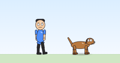 A cartoon person mid-step with one leg forward, and a dog mid-stride beside it, both walking slowly on the grass.