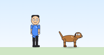 A cartoon person and a dog lifted a few pixels and shifted a little to one side, mid-shuffle.