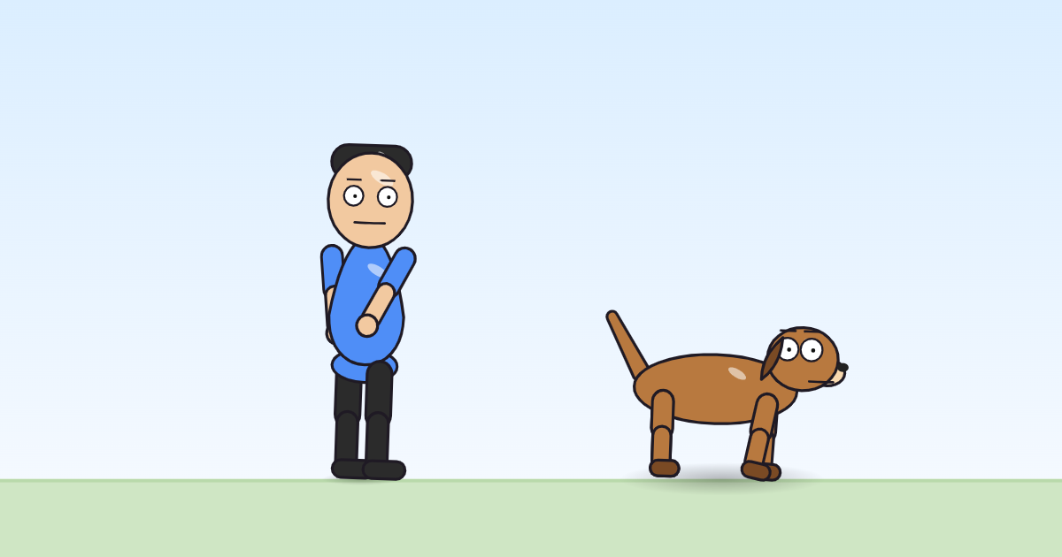 A cartoon person with the right forearm folded in across the front of the body, leaning very slightly, and a dog beside it.