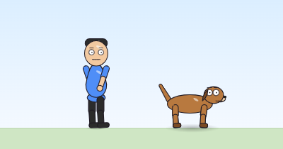 A cartoon person standing slightly larger than normal with the right forearm folded across the front, and a dog standing beside it.