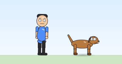 A cartoon person and a dog shaking hard, both drawn a little larger than normal and nudged off their resting spots.