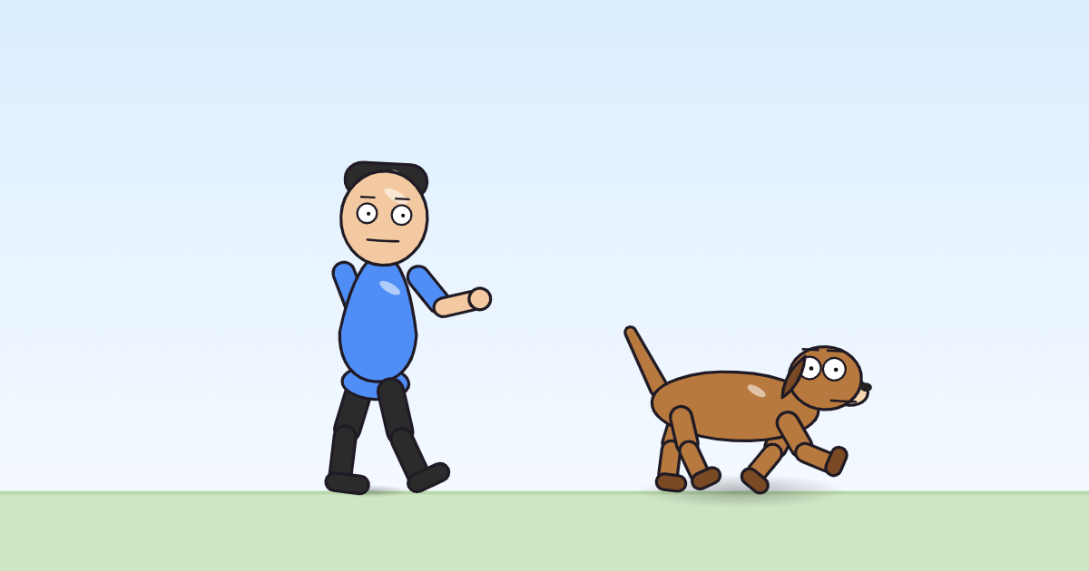 A cartoon person standing with feet apart and knees bent, hands raised, and a dog standing with its legs braced the same way.