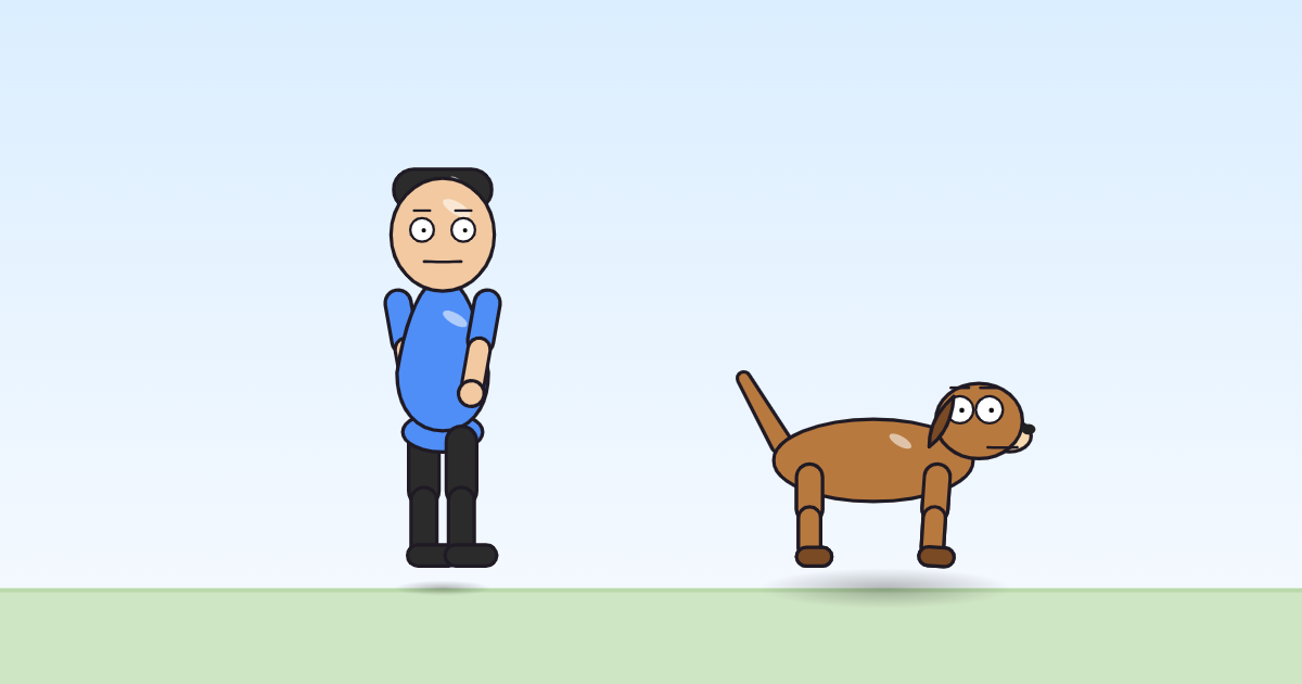 A cartoon person and a dog lifted well above the grass, the person's right forearm swung in across the front.
