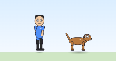 A cartoon person and a dog lifted well above the grass, the person's right forearm swung in across the front.