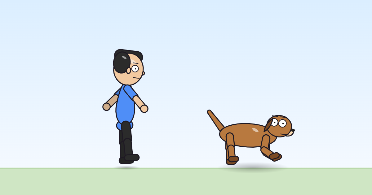 A cartoon person and a dog leaning forward with arms swept back, running in place.