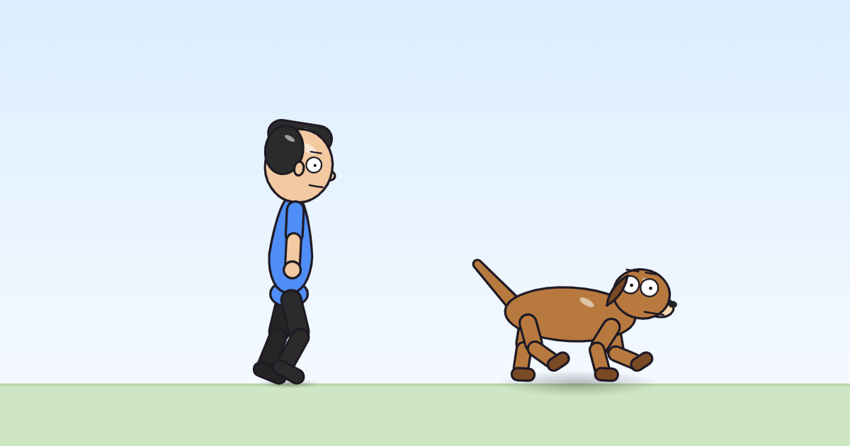 A cartoon person and a dog bounding in place, legs reaching far, tail streaming.