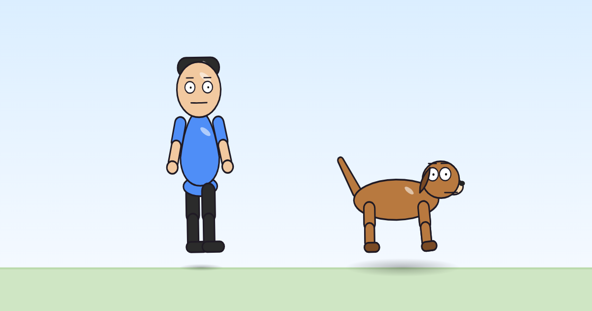 A cartoon person and a dog in mid-hop with arms and front legs swinging, as if running in.