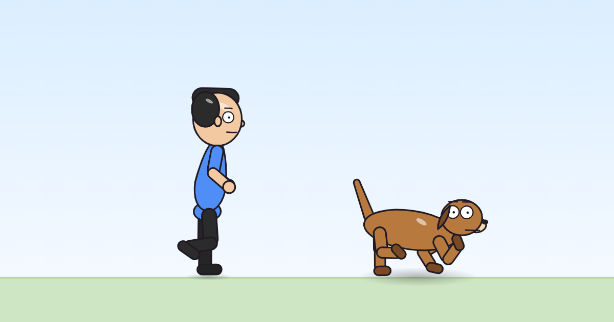 A cartoon person and a dog leaning forward mid-stride, running in place on the grass.