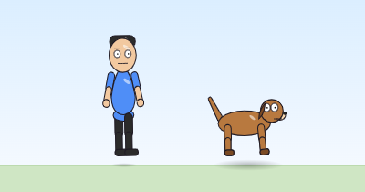 A cartoon person and a dog in mid-hop with arms and front legs swinging, as if running in.