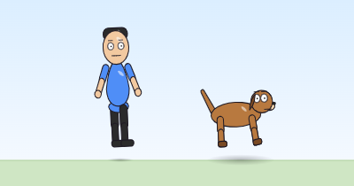 A cartoon person and a dog bounding with arms and front legs swinging, on their way off to the left.