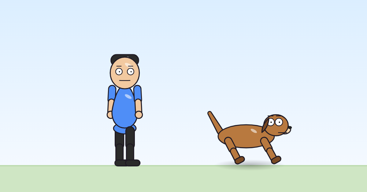 A cartoon person and a dog lowering down onto bent legs, arms resting.