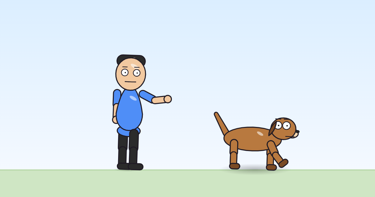 A cartoon person holding out its right hand at an angle, and a dog beside it.
