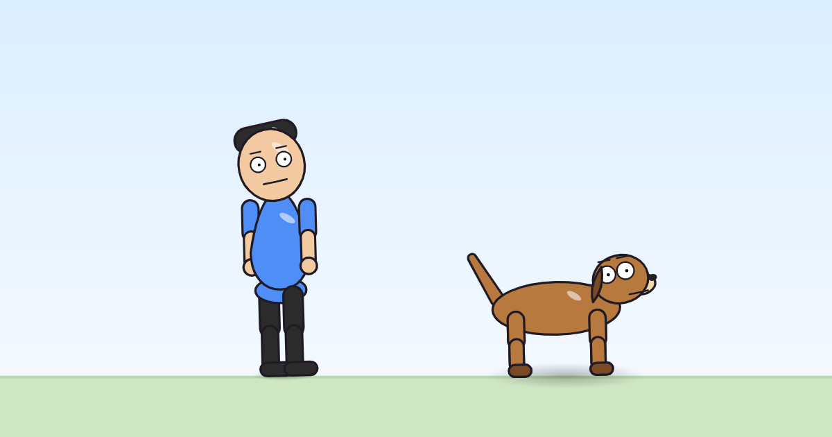 A cartoon person with its head turned to one side and the body leaning slightly the same way, and a dog beside it.