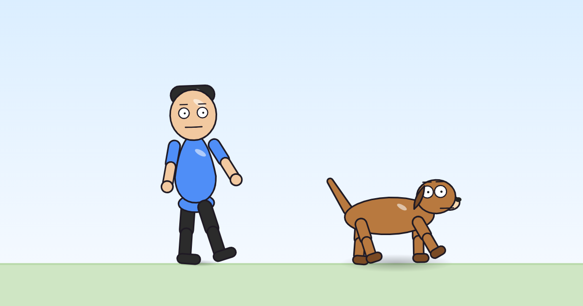 A cartoon person stepping to one side with its arms swinging the same way, and a dog beside it.
