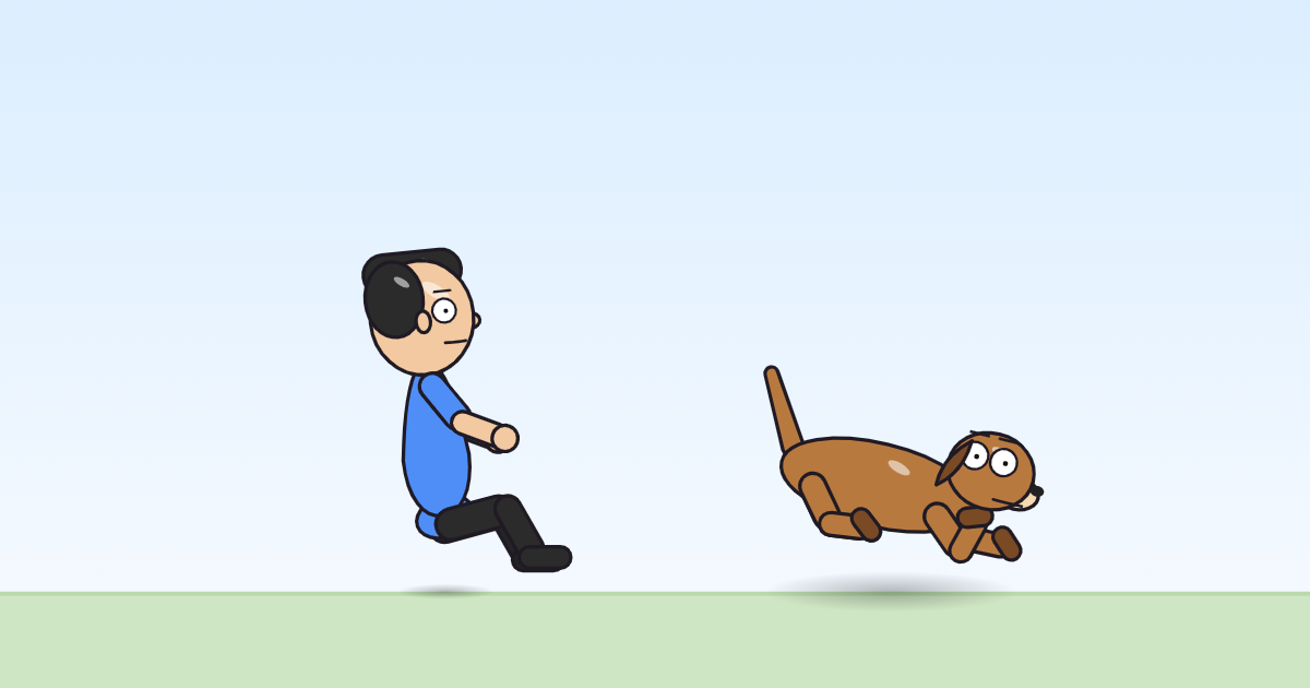 A cartoon person and a dog sitting on the grass, breathing quietly.