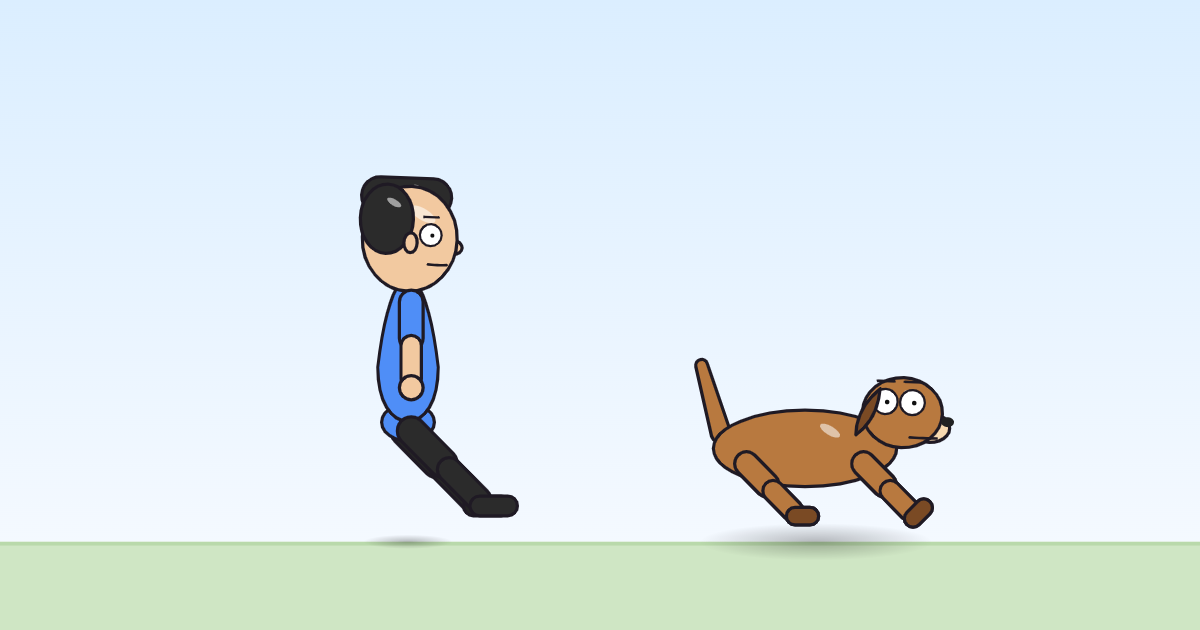 A cartoon person and a dog settled on folded legs, head turning now and then.