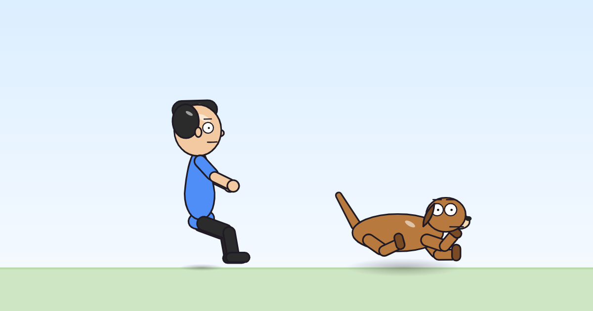 A cartoon person and a dog lowering down onto bent legs, arms held out for balance.