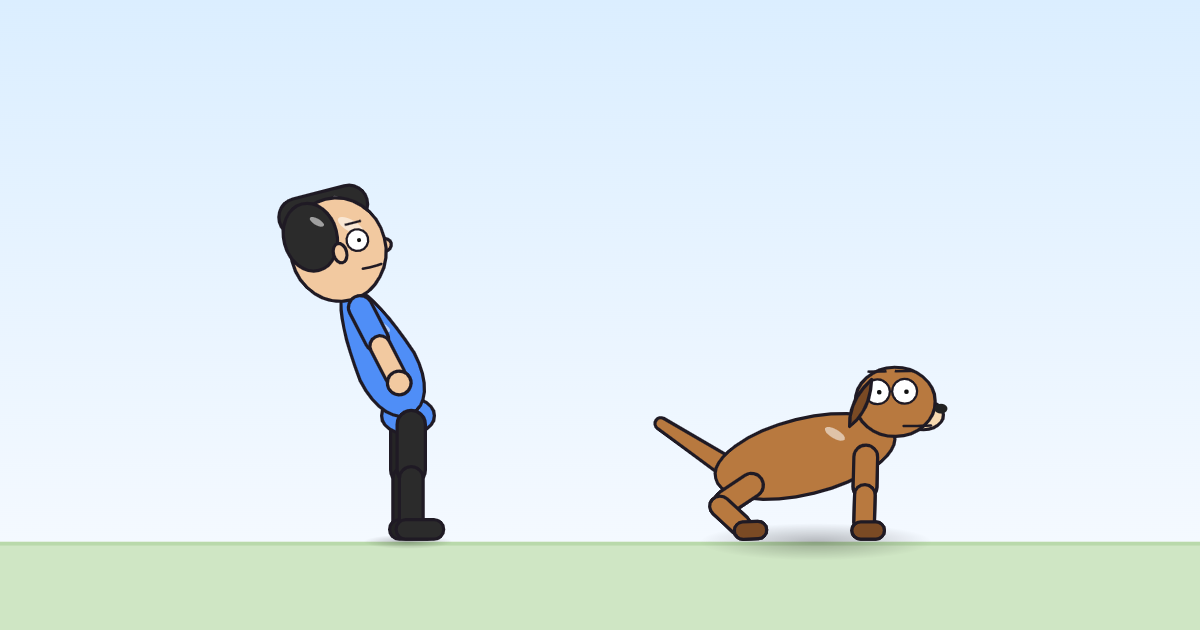 A cartoon person and a dog tipping its rear down, front legs staying straight.