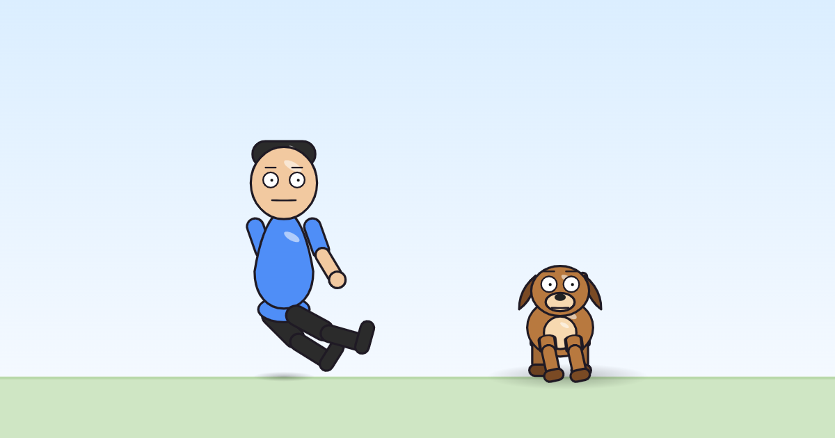 A cartoon person and a dog facing the camera, lowering down onto bent legs.