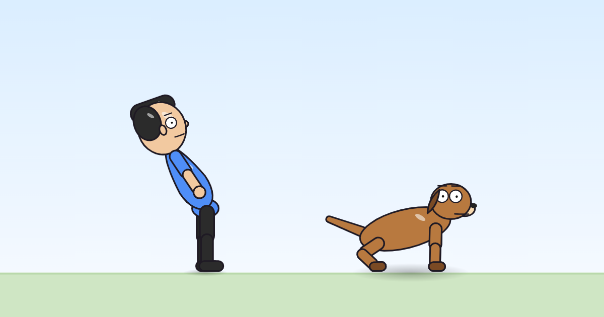 A cartoon person and a dog sitting on the grass, tail giving an occasional wag.