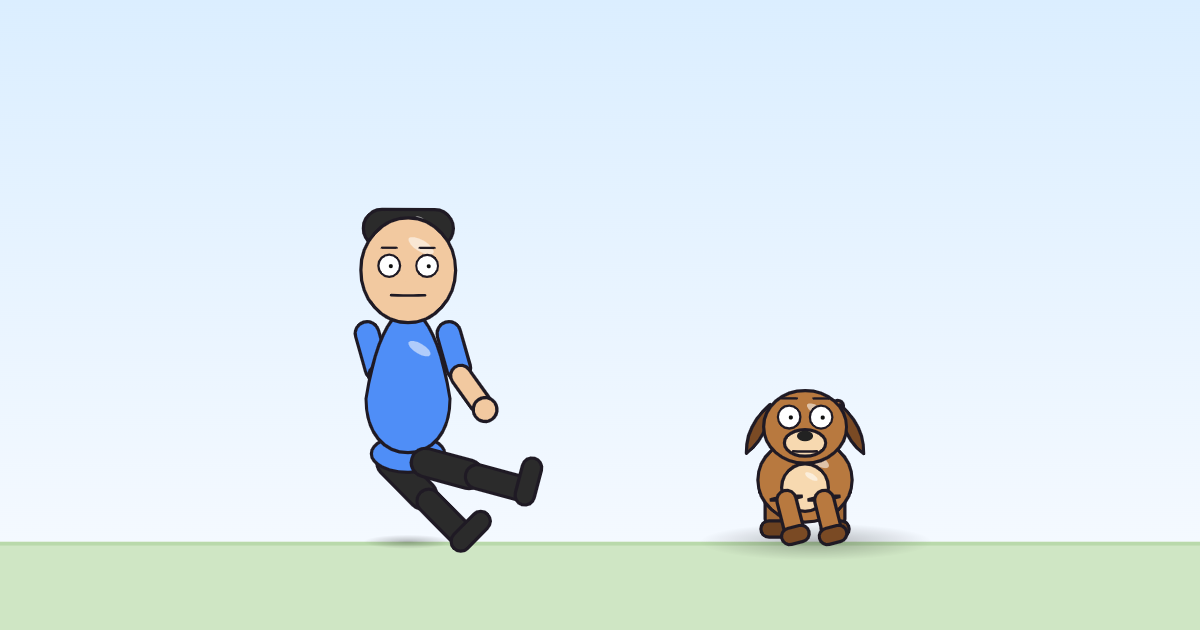 A cartoon person and a dog facing the camera, sitting and breathing quietly.