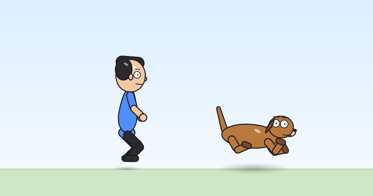A cartoon person and a dog settled on folded legs, breathing, ears twitching now and then.