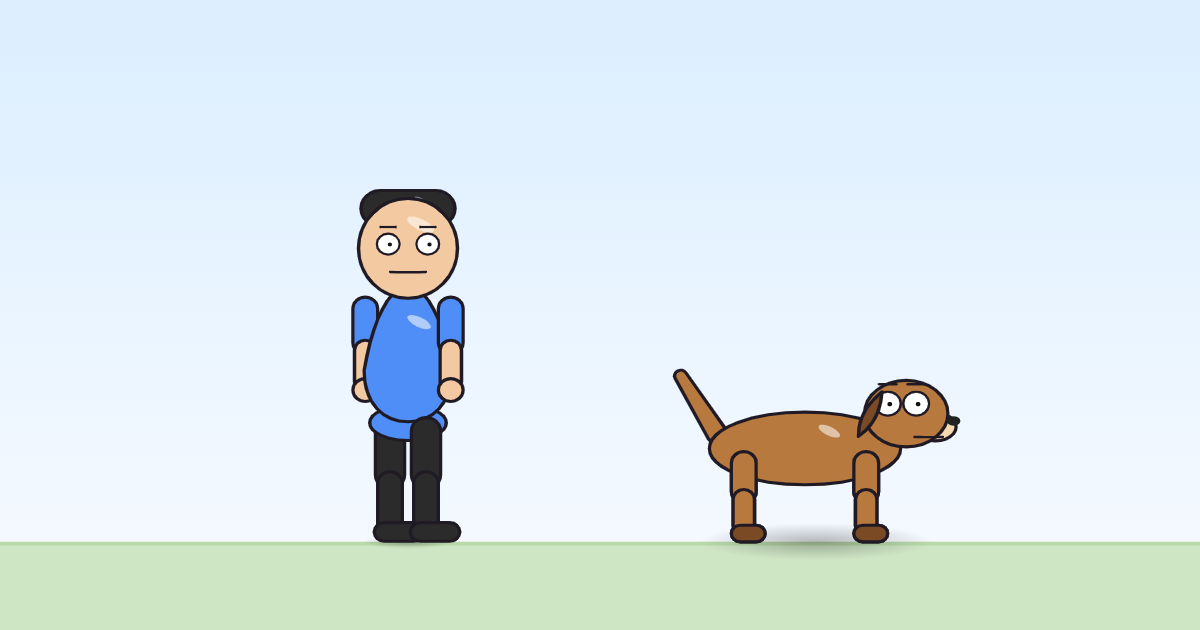 A cartoon person and a dog sliding in from the right, both a little wider and shorter than normal mid-slide.