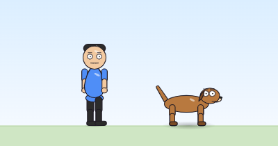 A cartoon person and a dog sliding in from the right, both a little wider and shorter than normal mid-slide.