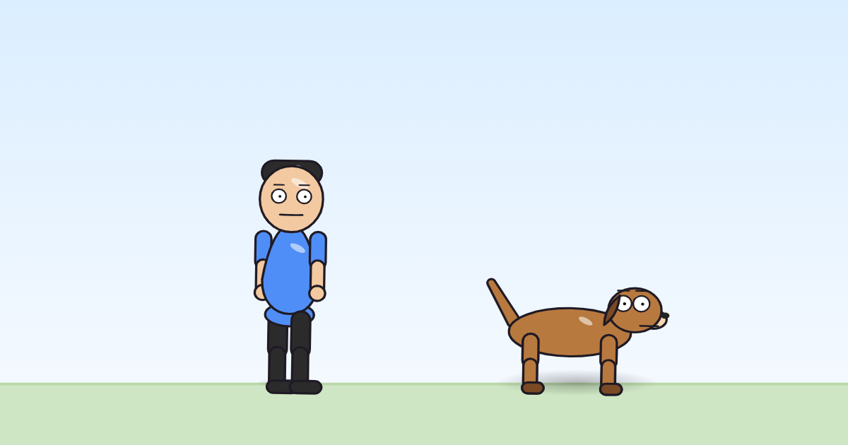A cartoon person and a dog sunk low into the grass and a little shorter than normal, as if all the air had gone out of them.