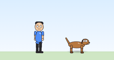 A cartoon person and a dog sunk low into the grass and a little shorter than normal, as if all the air had gone out of them.