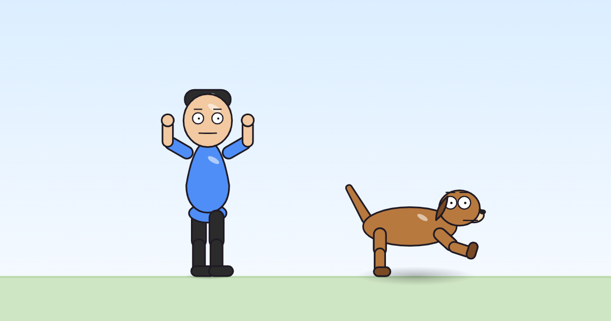 A cartoon person holding both hands up with the fingers spread, and a dog beside it.