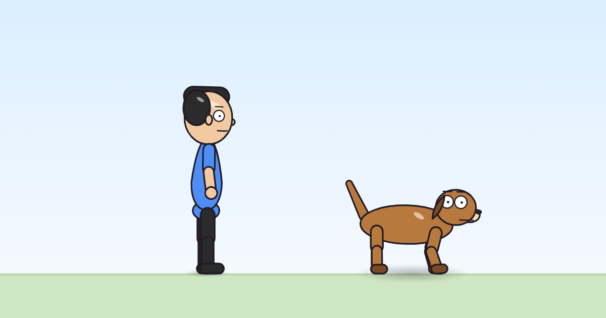 A cartoon person and a dog standing at rest on the grass, lifted very slightly as if breathing in.