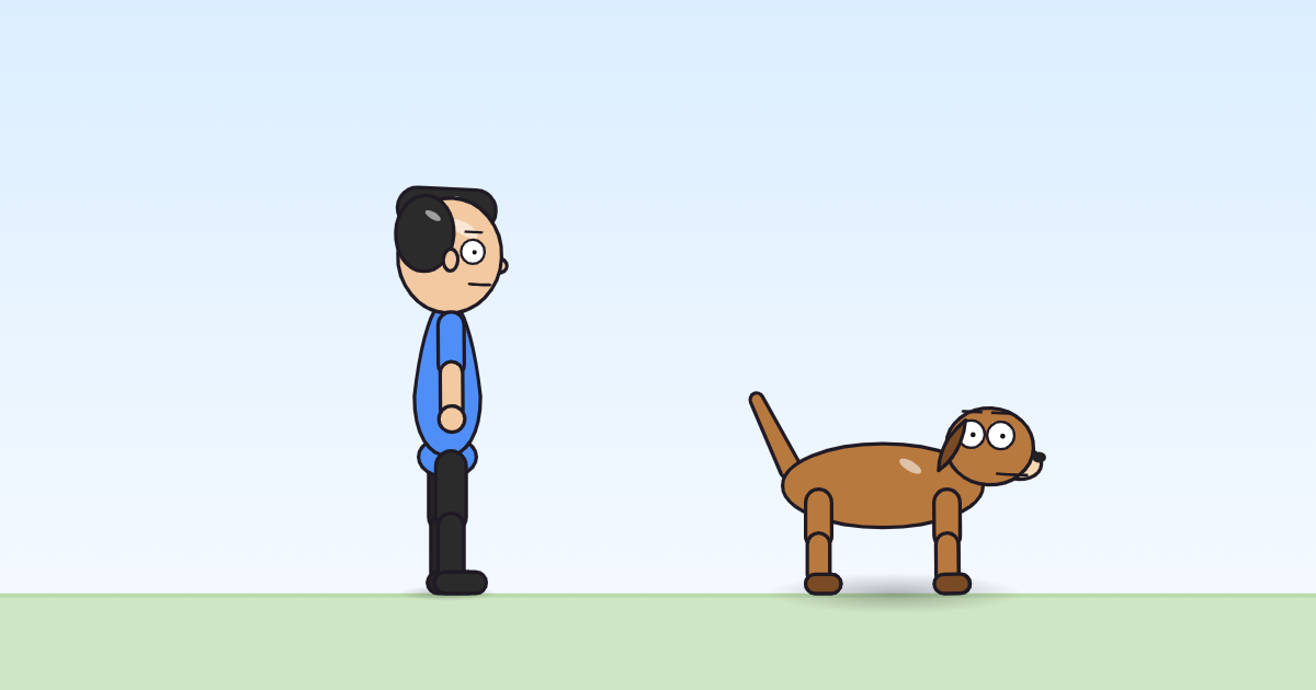 A cartoon person and a dog standing at rest on the grass, the head snapping into a sharp little bob.