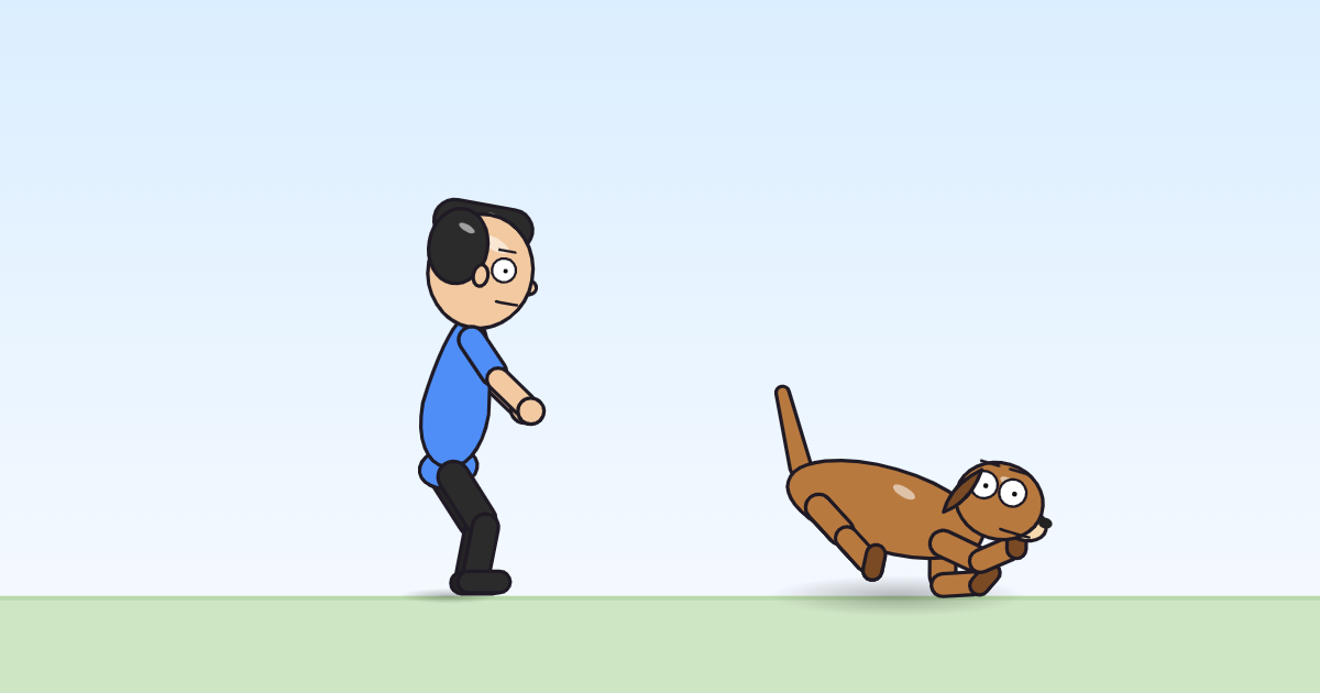 A cartoon person and a dog pushing up off bent legs, rising back to standing.