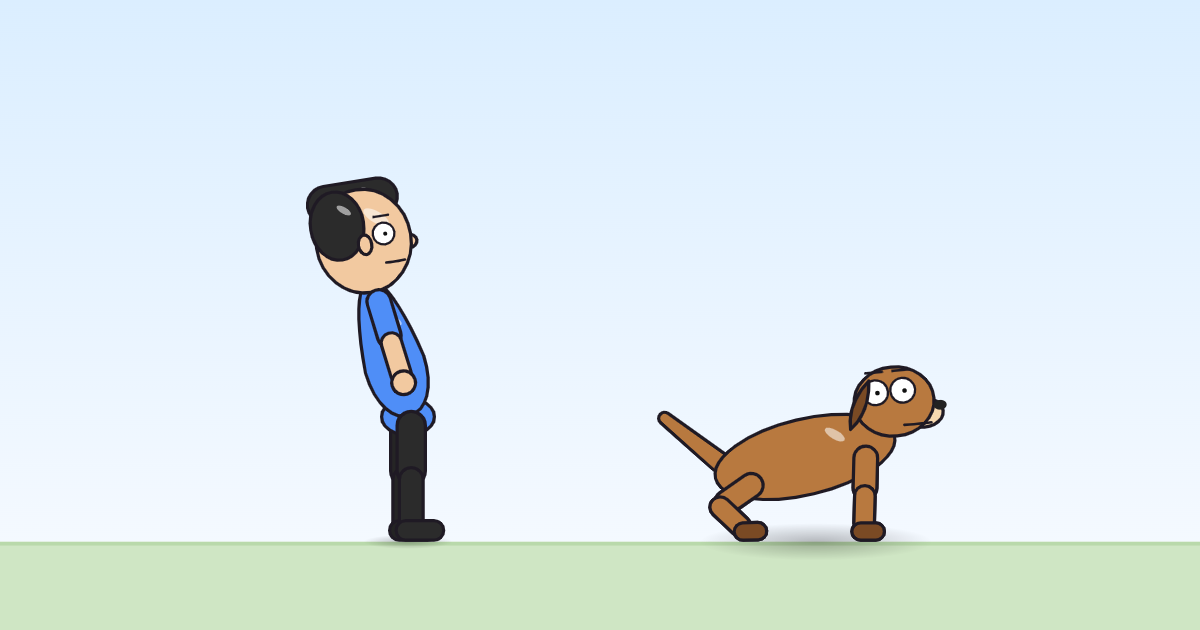 A cartoon person and a dog lifting its rear back up, straightening to standing.