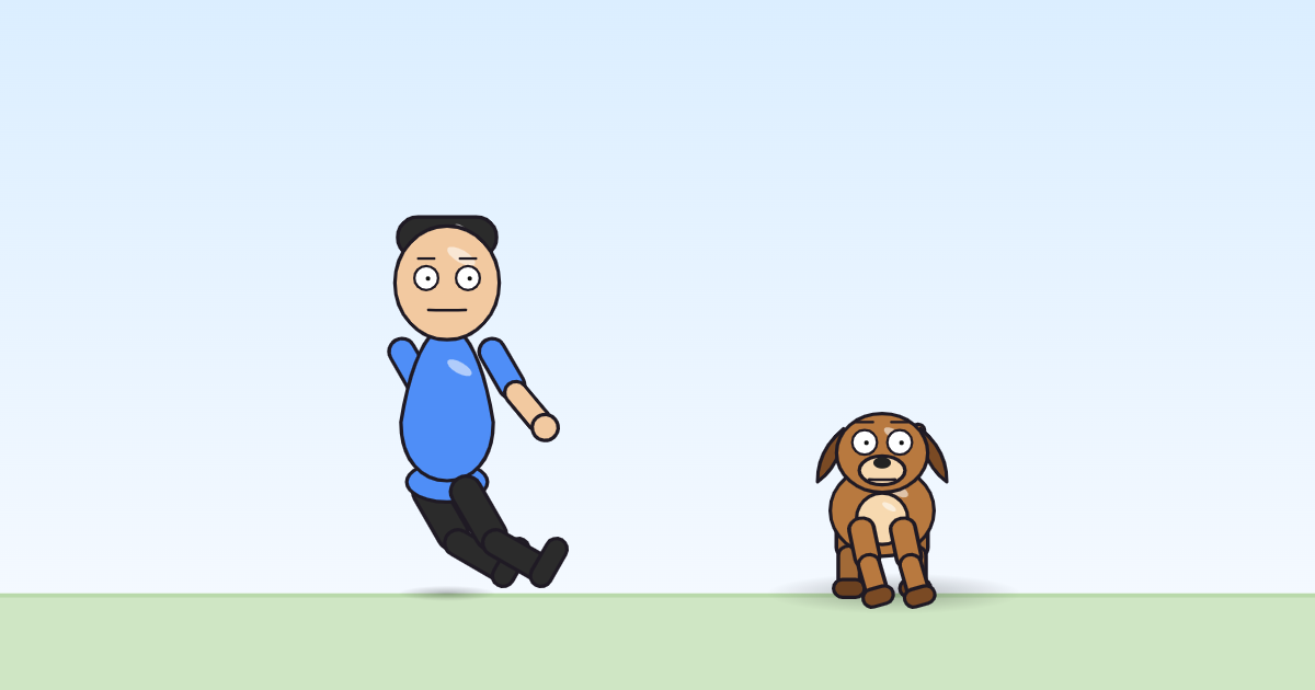 A cartoon person and a dog facing the camera, pushing up off bent legs, rising back to standing.