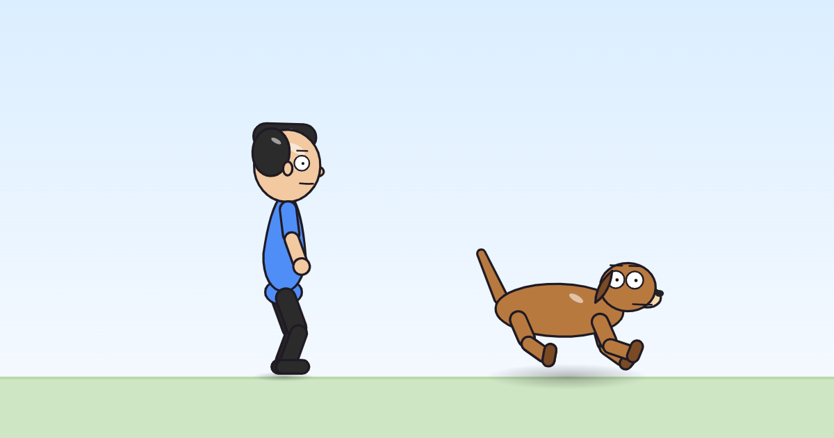 A cartoon person and a dog unfolding from settled legs, tail giving a little shake.