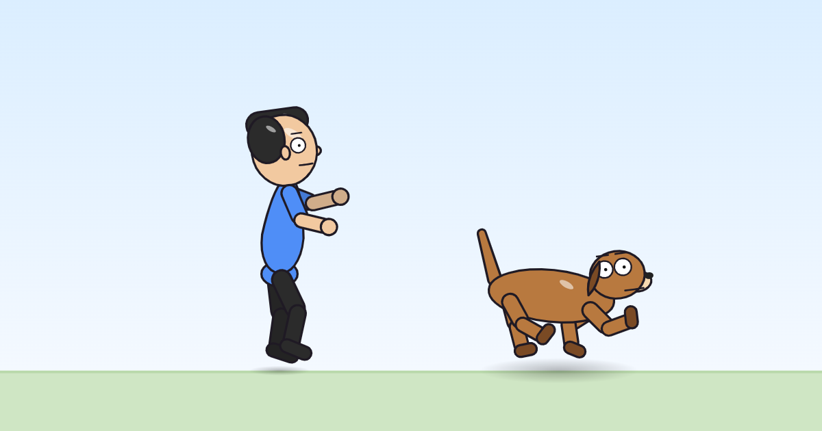 A cartoon person and a dog with one arm reaching forward, mid-paddle, head held up.